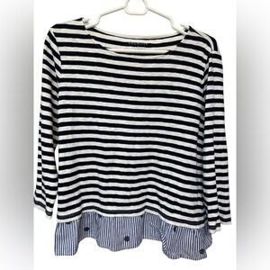 Talbots Navy Blue & White Striped Top Ruffle Hem 3/4 Sleeve Size Small